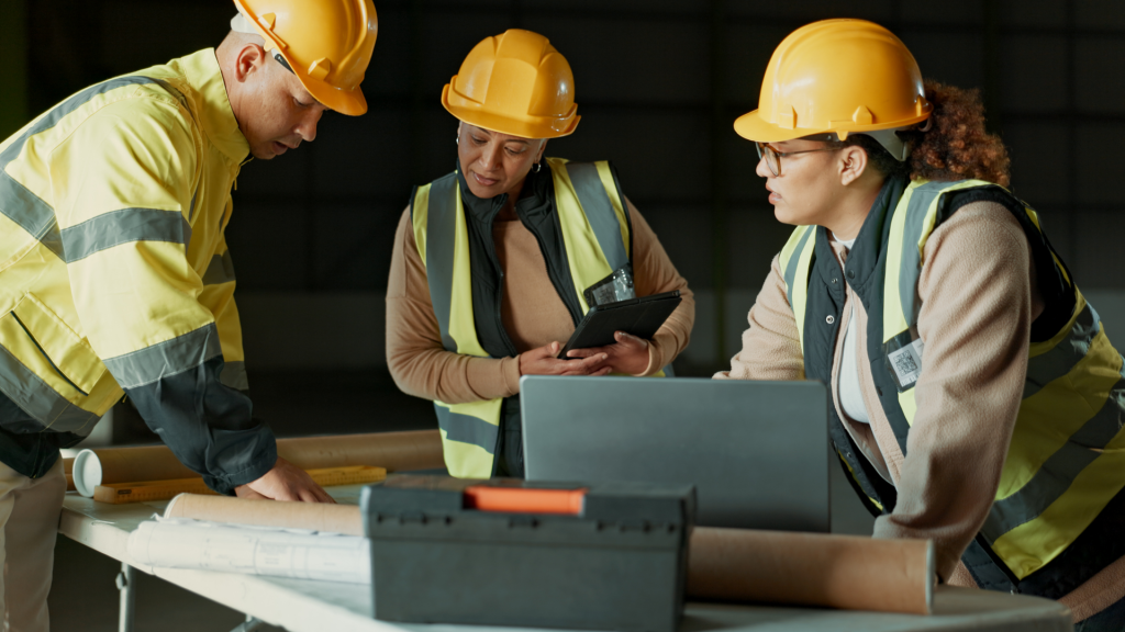 Three Construction contractors collaborating over a laptop on a table